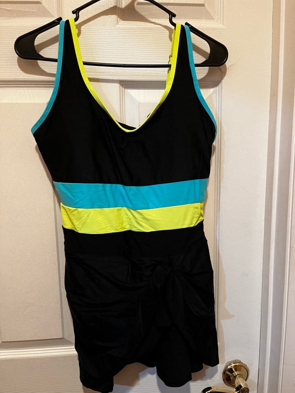 Black One-Piece Swimdress with Teal and Neon Yellow Bands